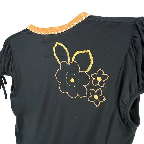 Soul Revival Shirt Womens S Black Tan Embroidered Leather Trim Western Boho Top - Picture 5 of 13